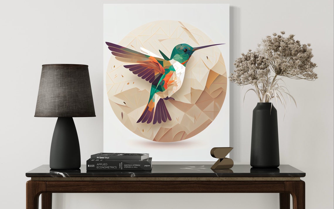 Hummingbird in Flight Over Geometric Low Poly Bird Art Poster - Image 2