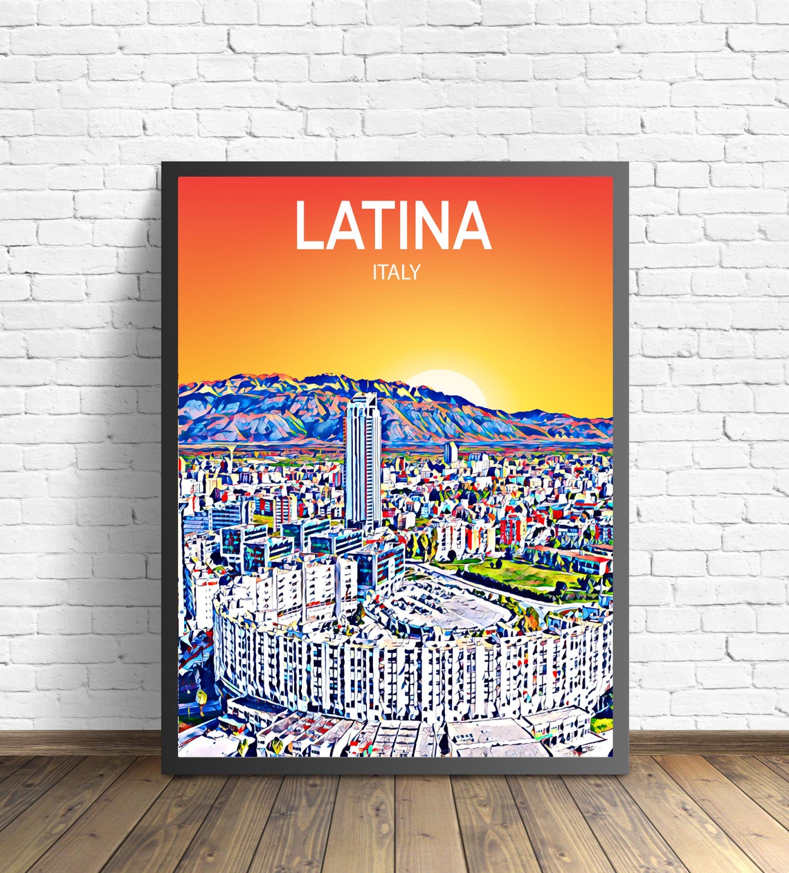 Latina Italy Sunset Skyline Vibrant Mosaic Cityscape Art Poster