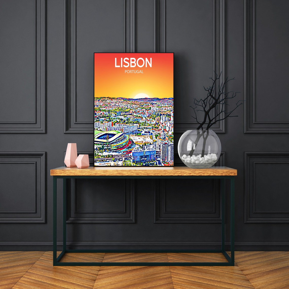 Lisbon Portugal Stadium Sunset Skyline Vibrant Cityscape Art Poster - Image 3