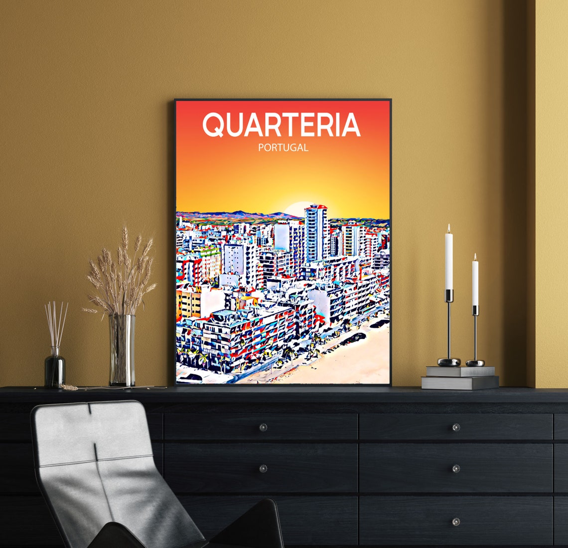 Quarteira Portugal Art Poster Sunset Night Poster Art Print Quarteira City Modern Wall Art Colorful Skyline Photo Sketch - Image 2