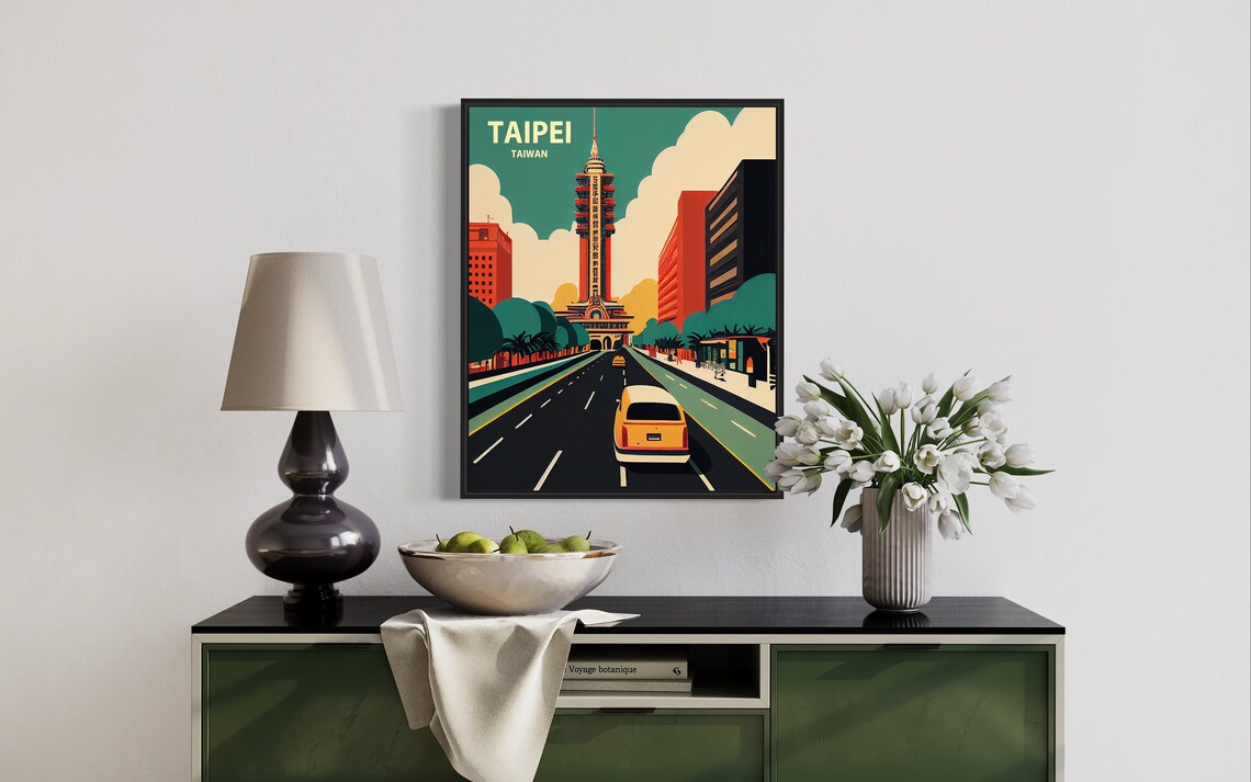 Taipei Taiwan Vintage Retro City Tower Street Scene Travel Poster - Image 3