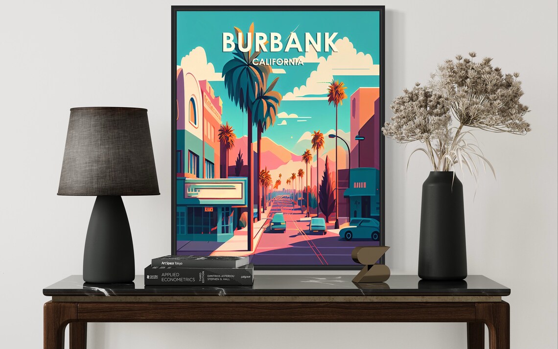 Burbank California Palm Lined Street Pink Teal Retro Travel Poster - Image 3