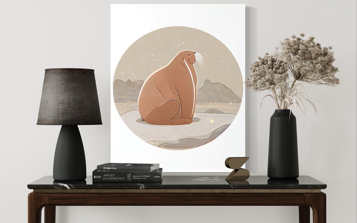 Walrus on Arctic Ice Floe in Soft Snow Retro Illustration Poster - Image 2