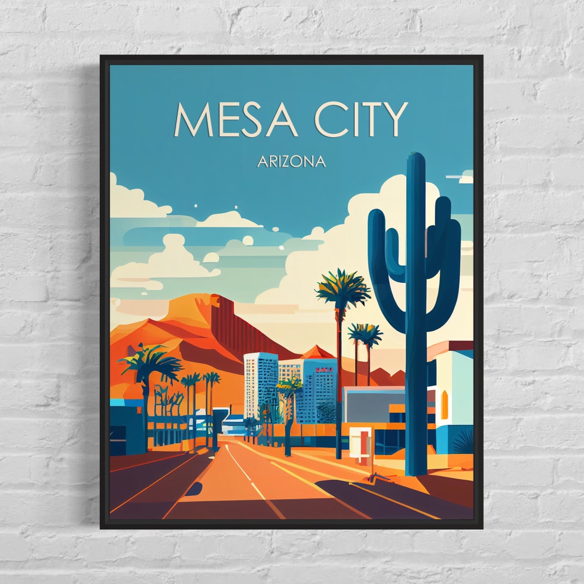 Mesa City Arizona Desert Cactus Road Red Mountain Sunset Poster