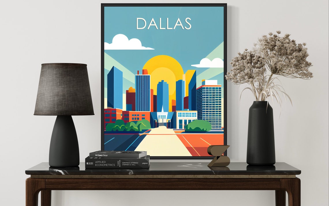 Dallas Texas Downtown Skyline Golden Sunset Retro Art Poster - Image 2
