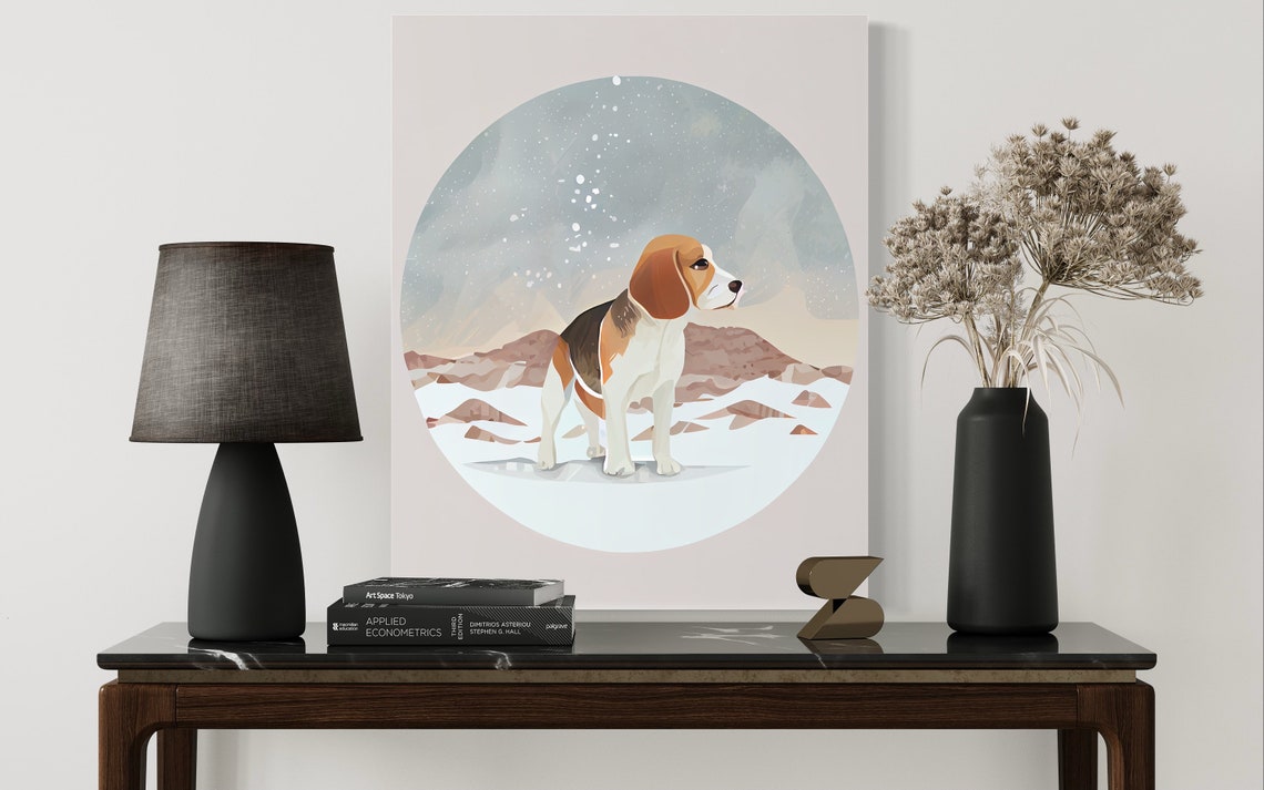 Tricolor Beagle Standing in a Snowy Mountain Scene Art Poster - Image 2