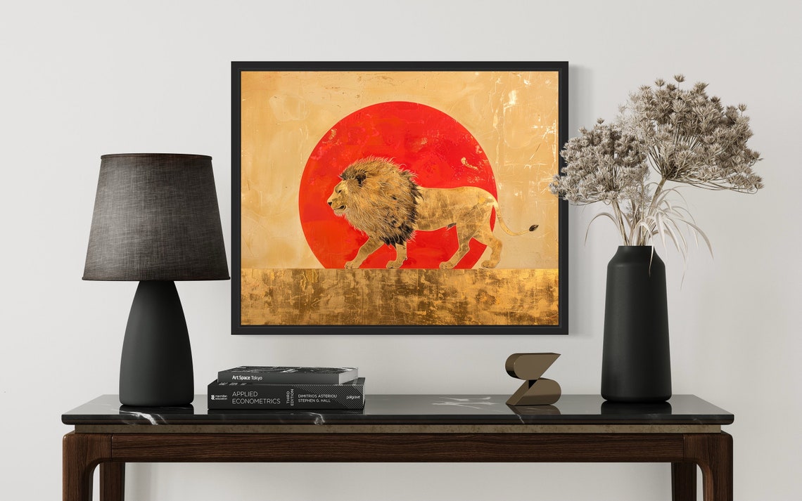 Lion Striding Before Giant Red Sun Gold Leaf Safari Art Poster - Image 2