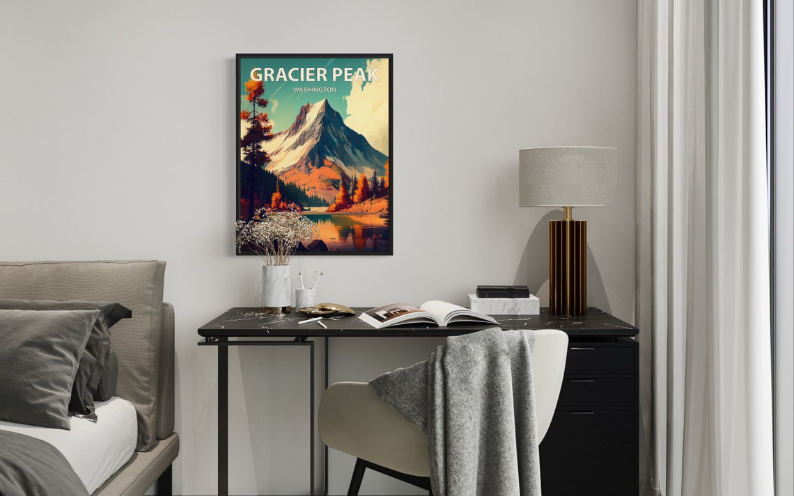 Gracier Peak Washington Snowy Summit Alpine Lake Autumn Poster - Image 2
