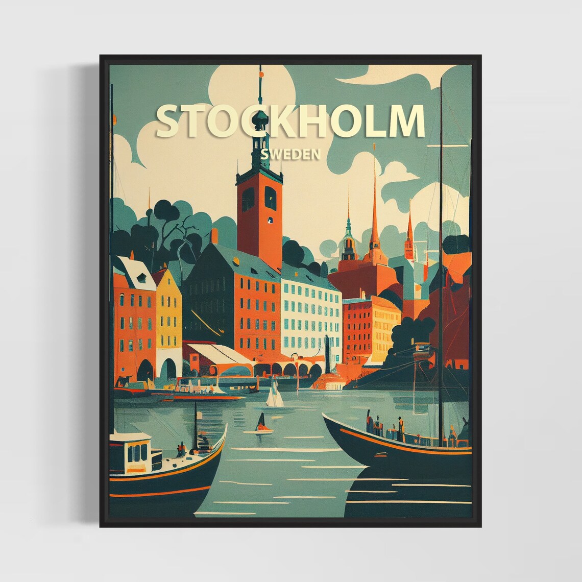 Stockholm Sweden Harbor Sailboats Old Town Retro Coastal Poster