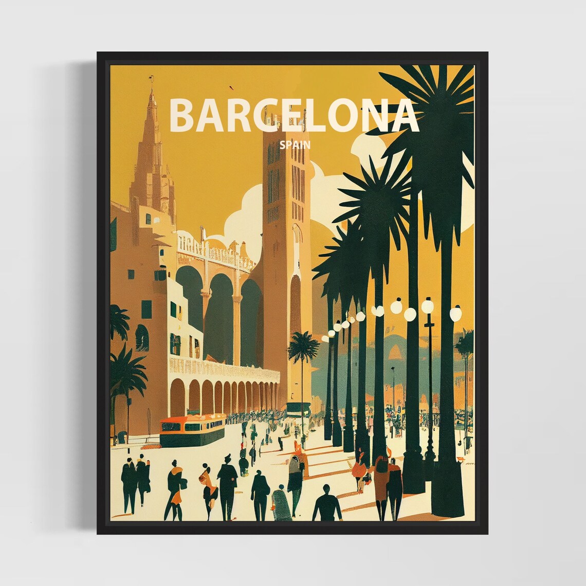 Barcelona Spain Retro Poster with Palms and Grand Cathedral Tower