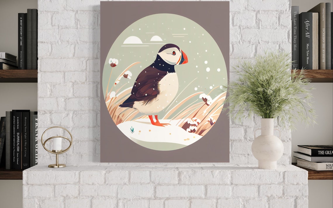 Puffin on a Snowy Coast With Wild Grasses Seabird Art Poster - Image 3