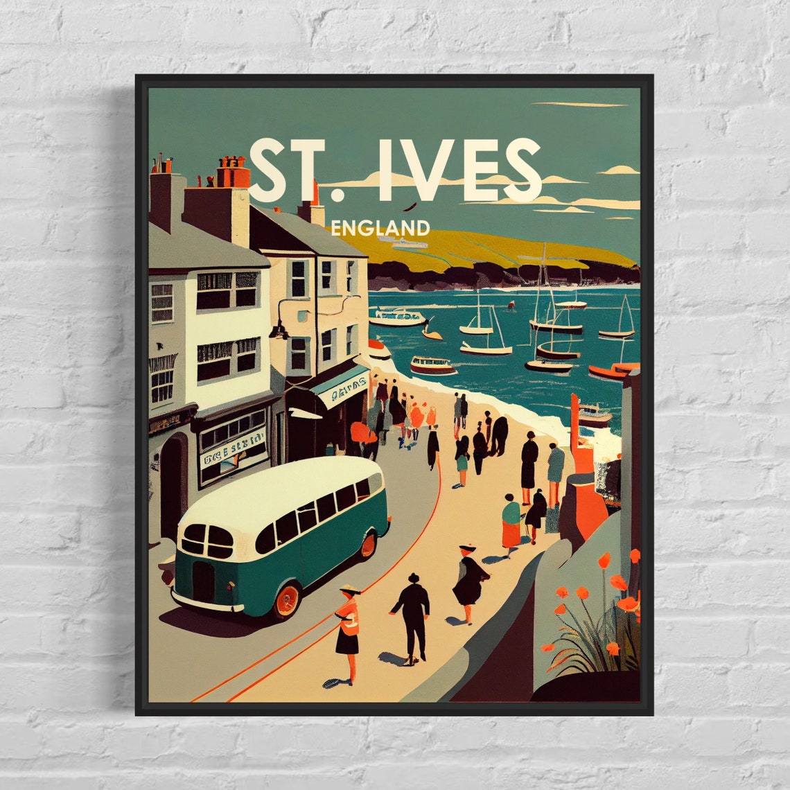 St Ives England Bustling Harbour Seaside Street Scene Retro Poster