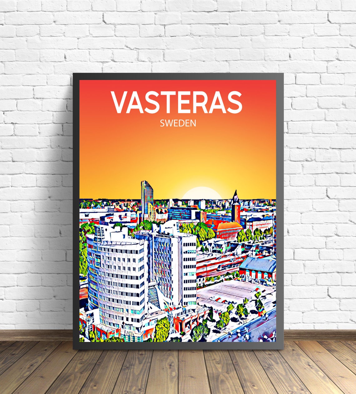 Vasteras Sweden Sunset Cityscape Bright Colorful Travel Poster