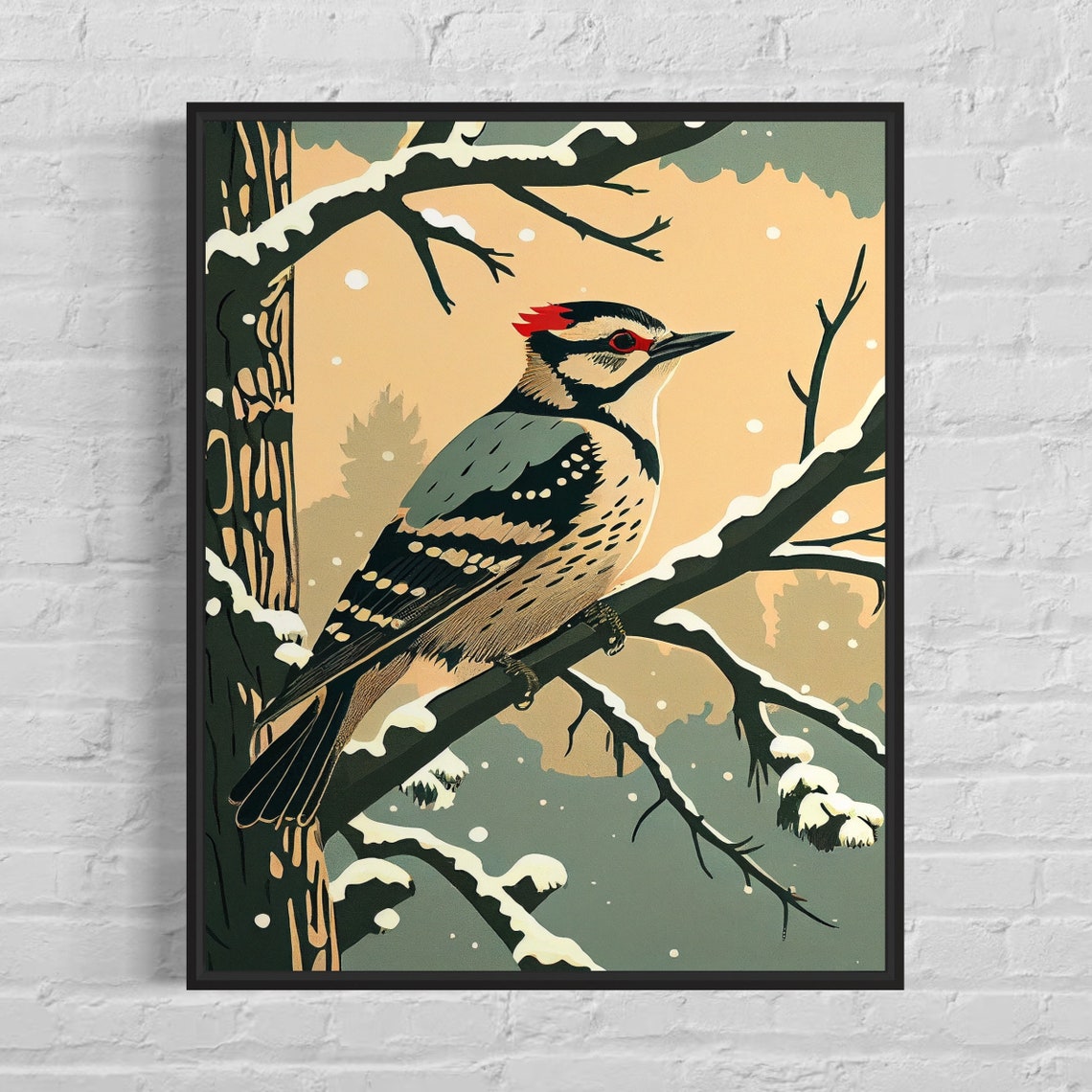 Downy Woodpecker Resting on Snowy Branch Vintage Bird Art Print