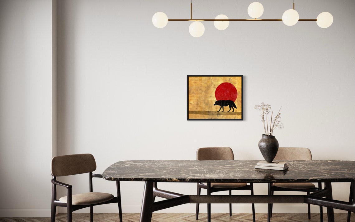 Black Wolf Striding Past Red Sun Gold Leaf Wilderness Scene Poster - Image 2