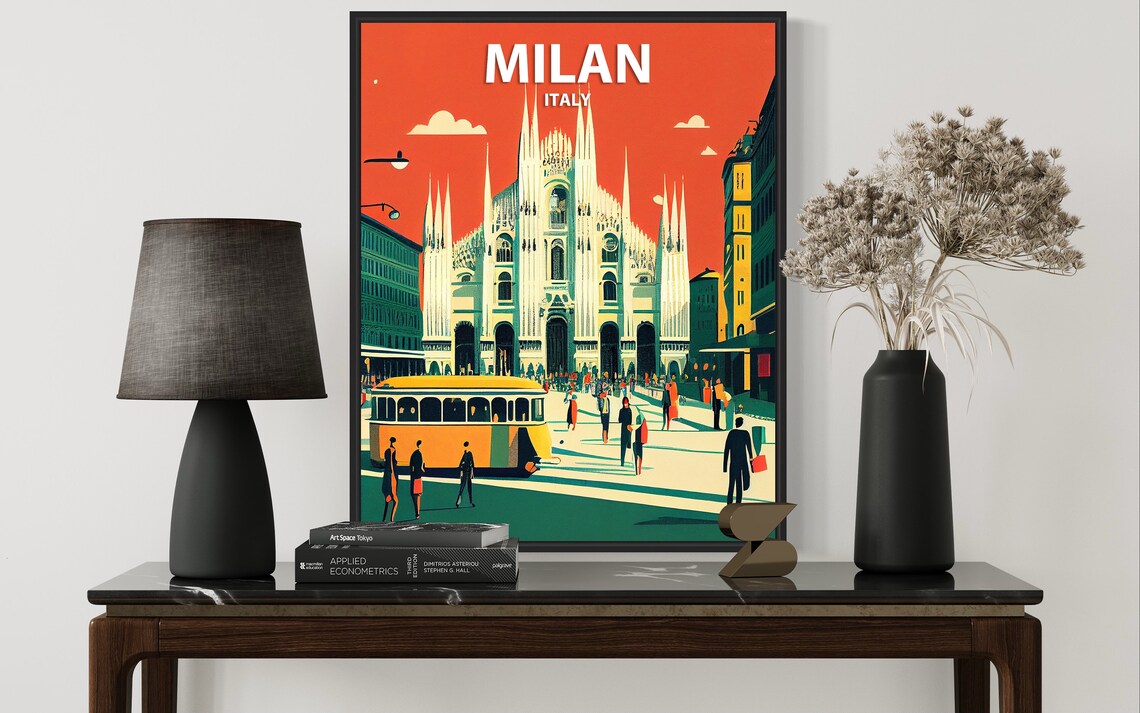 Milan Italy Retro Duomo Cathedral Tram Sunset Vintage Travel Poster - Image 3