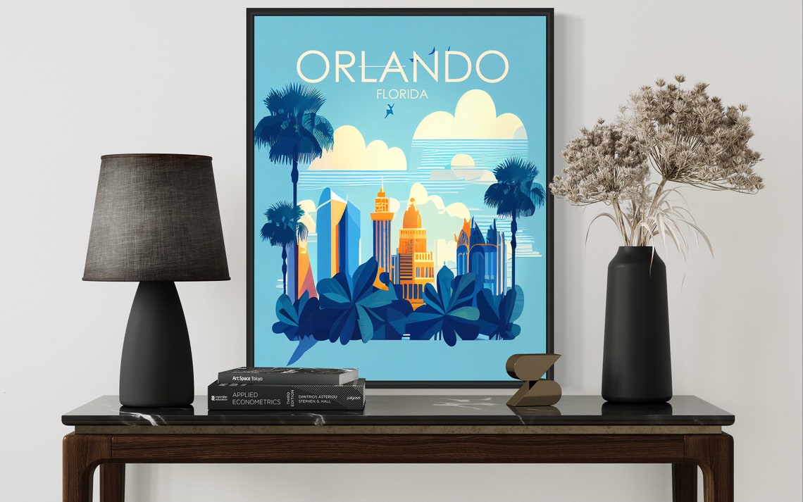 Orlando Florida Skyline Tropical Palms Cityscape Retro Art Poster - Image 3