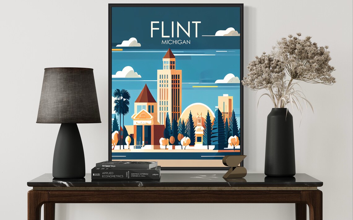 Flint Michigan Skyline Clock Tower Retro City Art Travel Poster - Image 3