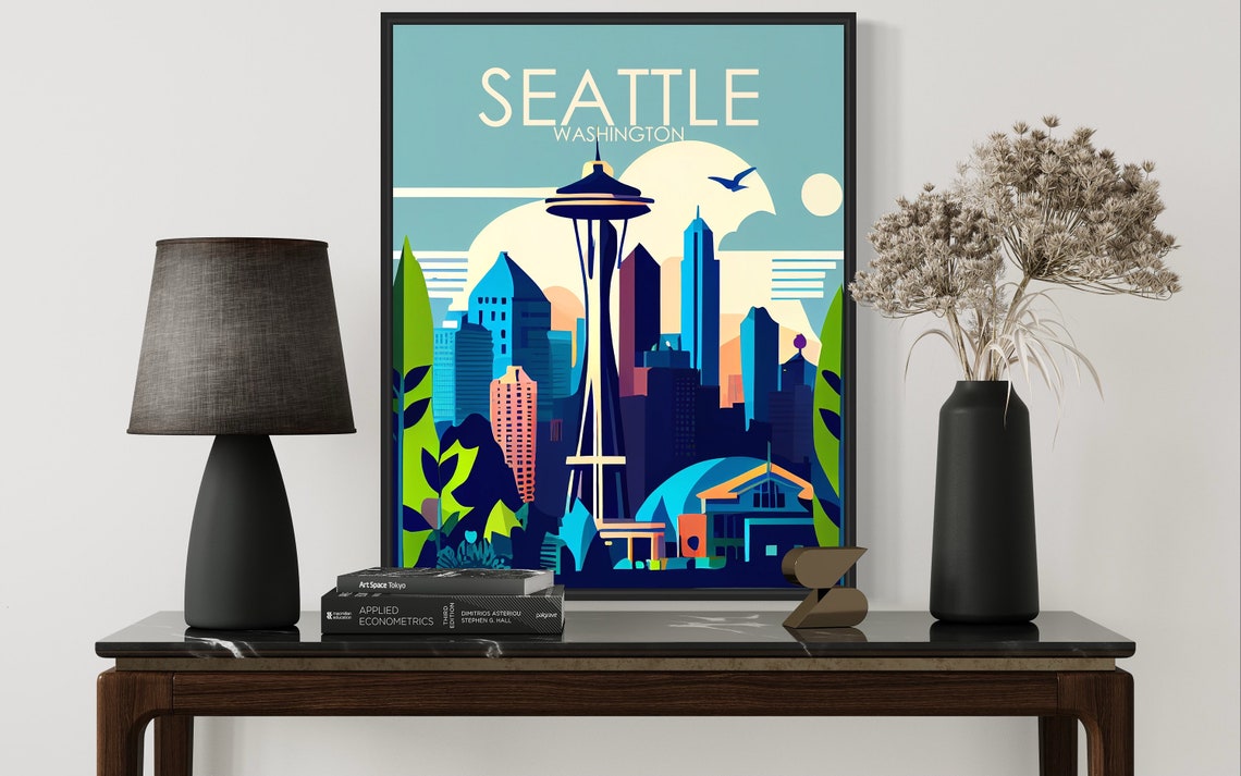 Seattle Washington Space Needle Skyline at Dusk Retro Travel Poster - Image 2