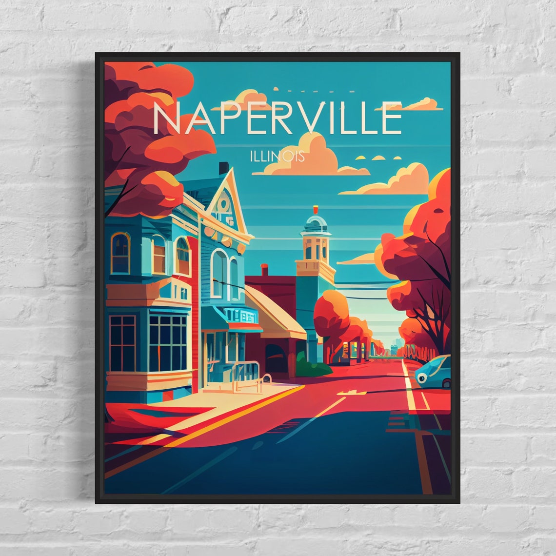 Naperville Illinois Autumn Main Street Vintage Travel Poster