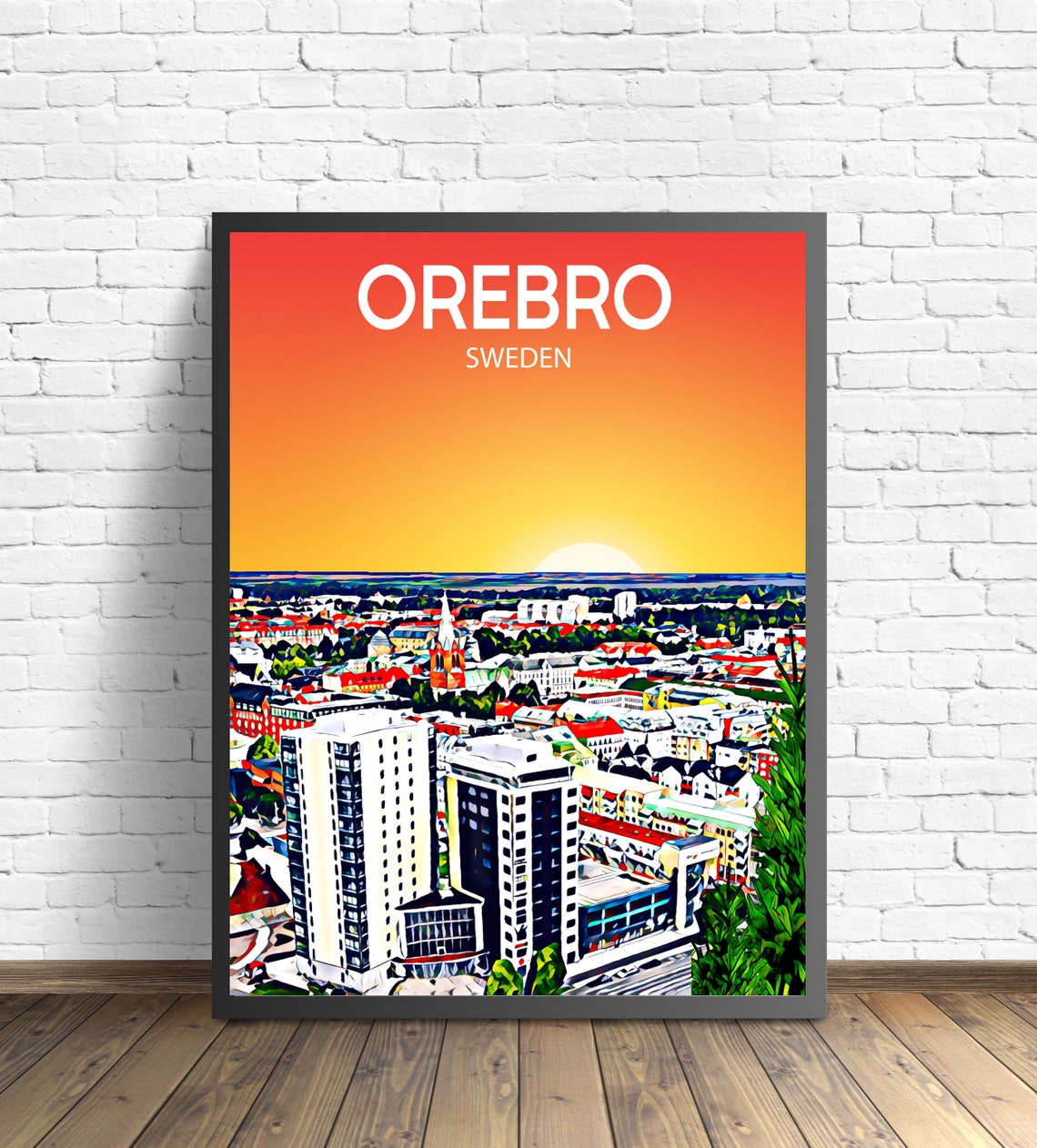 Orebro Sweden Downtown High Rises Golden Sunset Skyline Art Poster