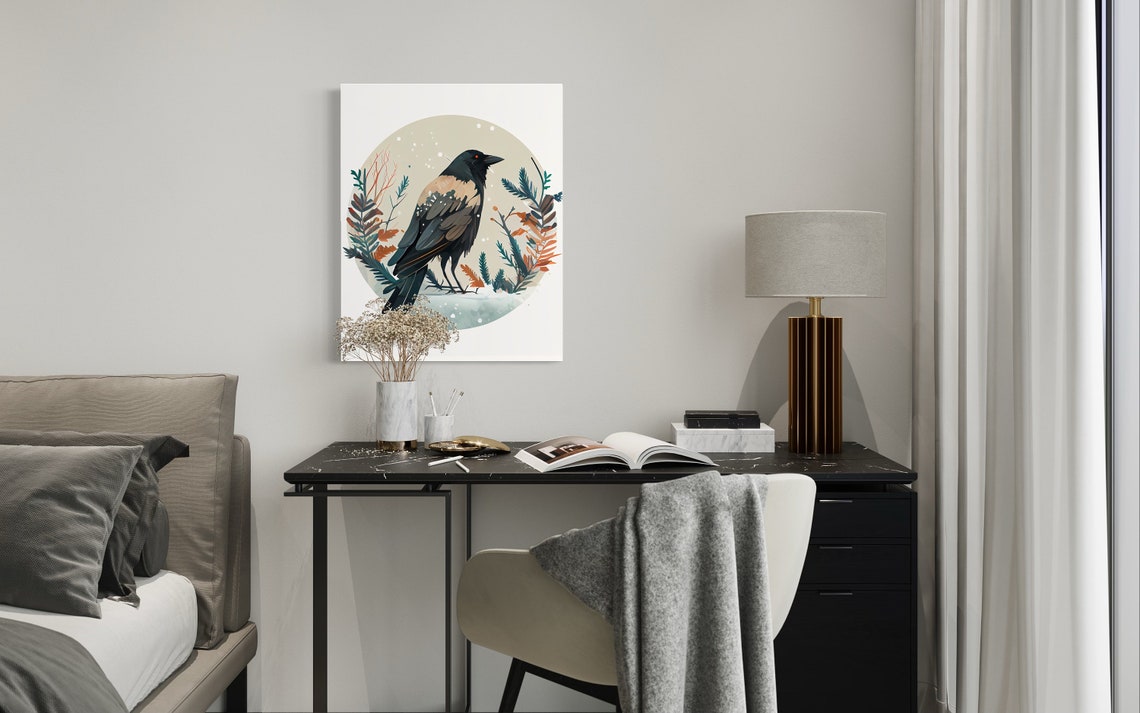 Hooded Crow Winter Foliage Circle Snow Botanical Illustration Poster - Image 2