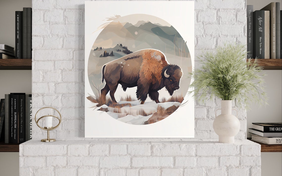 American Bison Grazing in a Snowy Mountain Valley Landscape Poster - Image 3