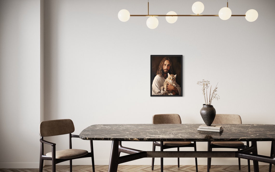 Jesus Christ Gently Holding a Fluffy Orange Tabby Cat Poster - Image 3