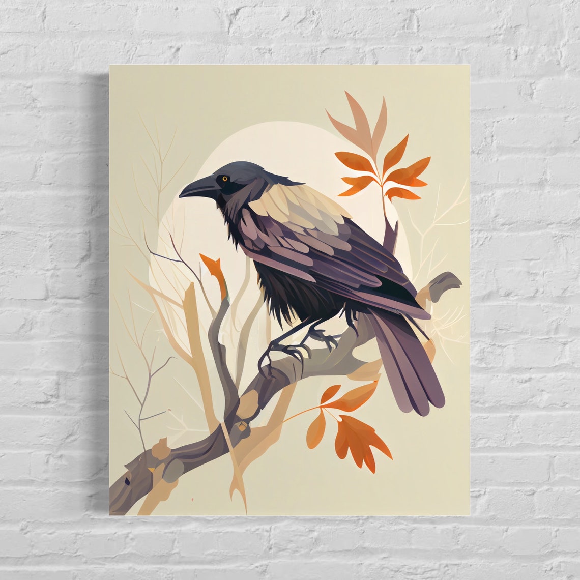 Raven Perched On Branch Moonlit Autumn Botanical Illustration Poster