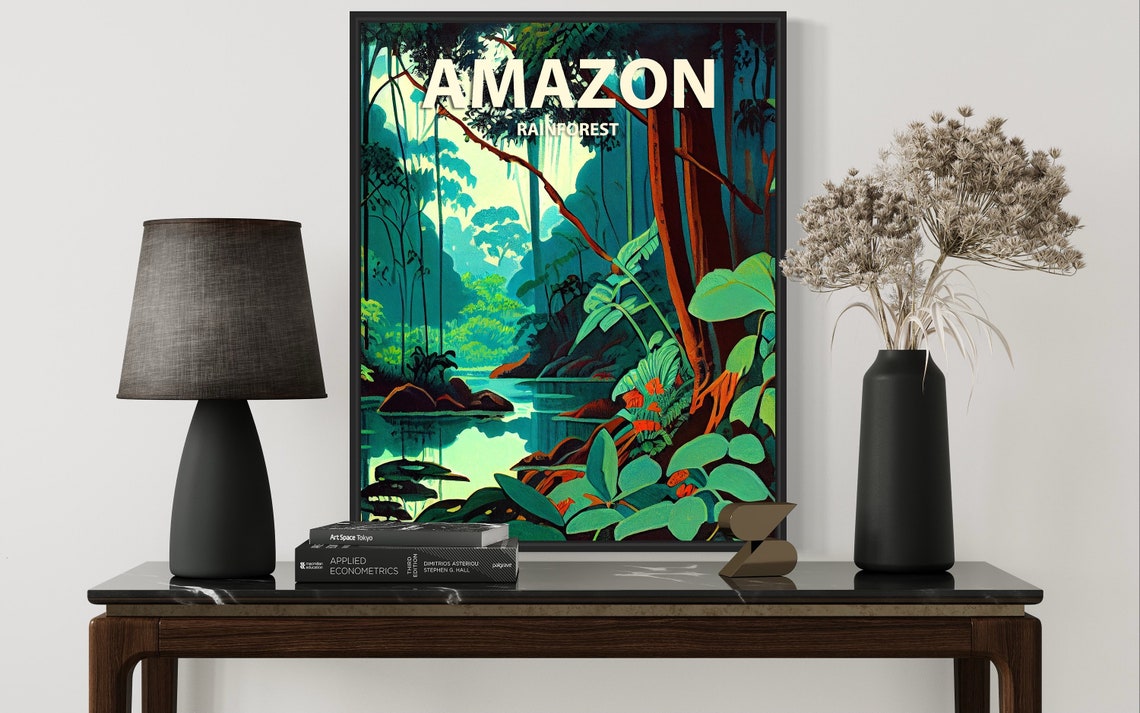 Amazon Rainforest Jungle River Sunlight Retro Illustration Poster - Image 3