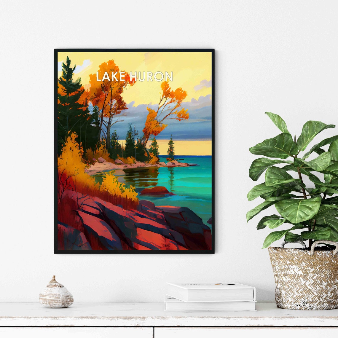 Lake Huron Autumn Shore Rocky Cliffs Golden Trees Vintage Poster - Image 3