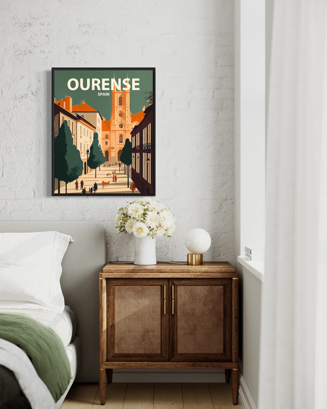 Ourense Spain Retro Cathedral Tower Old Town Plaza Scene Poster - Image 2