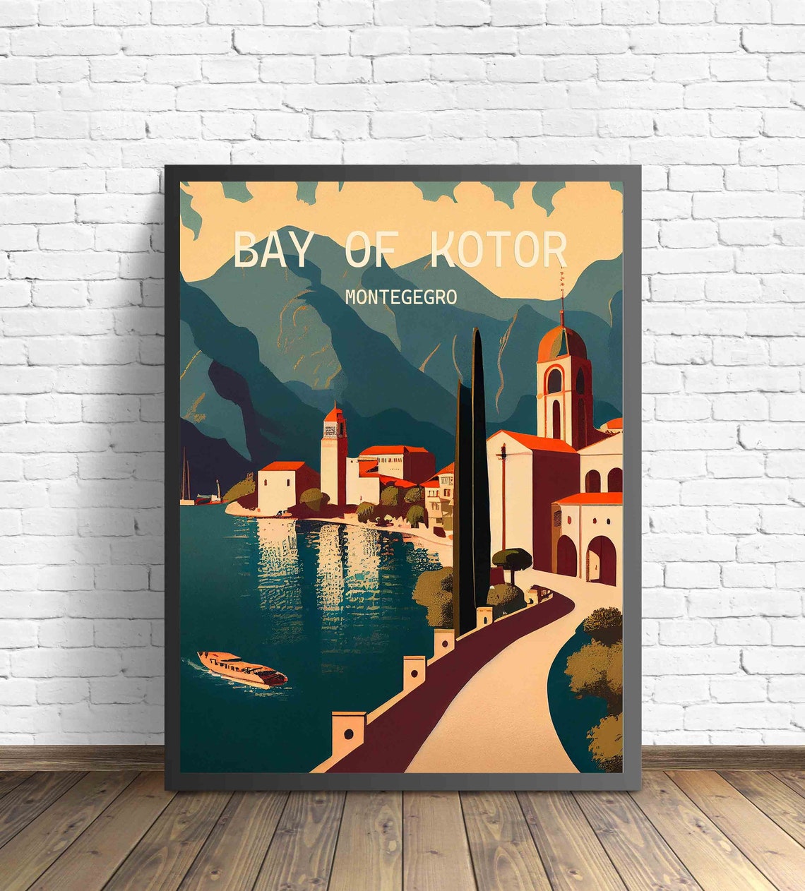 Bay Of Kotor Montenegro Retro Art Print Bay Of Kotor Wall Art Illustration Bay Of Kotor Vintage Minimal Design Poster - Image 3