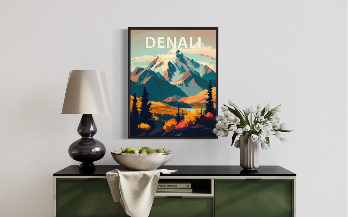 Denali Mountain Alaska Peak Evergreens Autumn Retro Travel Poster - Image 3