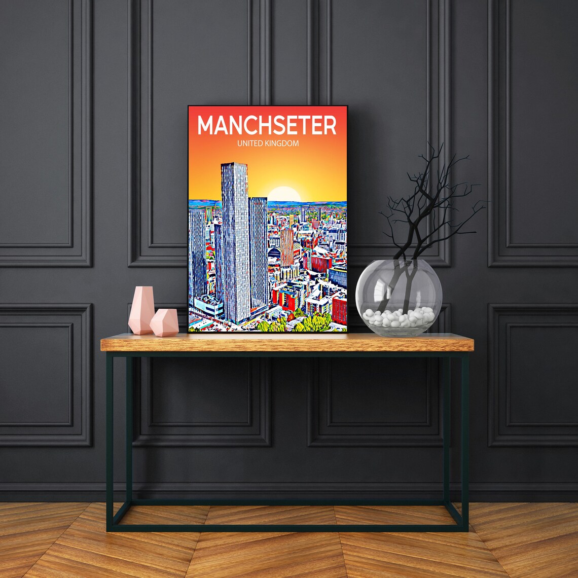 Manchester England Modern Glass Towers Sunset Skyline City Poster - Image 2