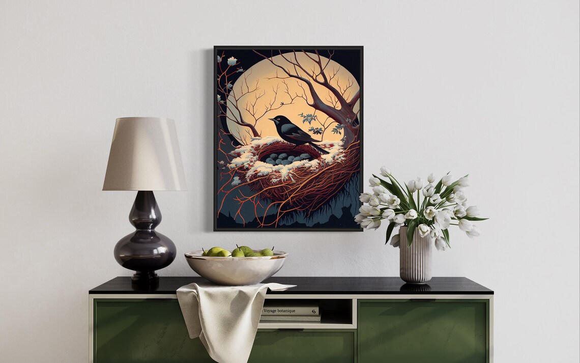 Crow Nest Snowy Moonlit Bird Nest Eggs Retro Nature Vintage Wall Art - Image 3