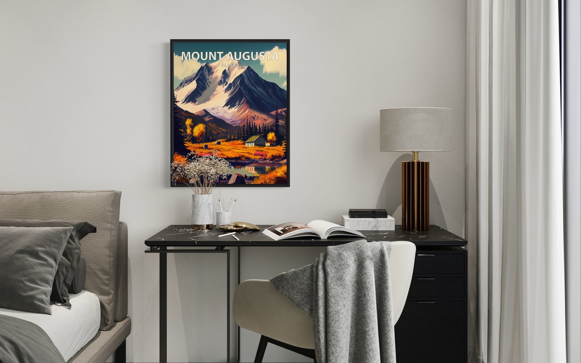 Mount Augusta Alaska Snow Summit Cabin Autumn Meadow Lake Poster - Image 2