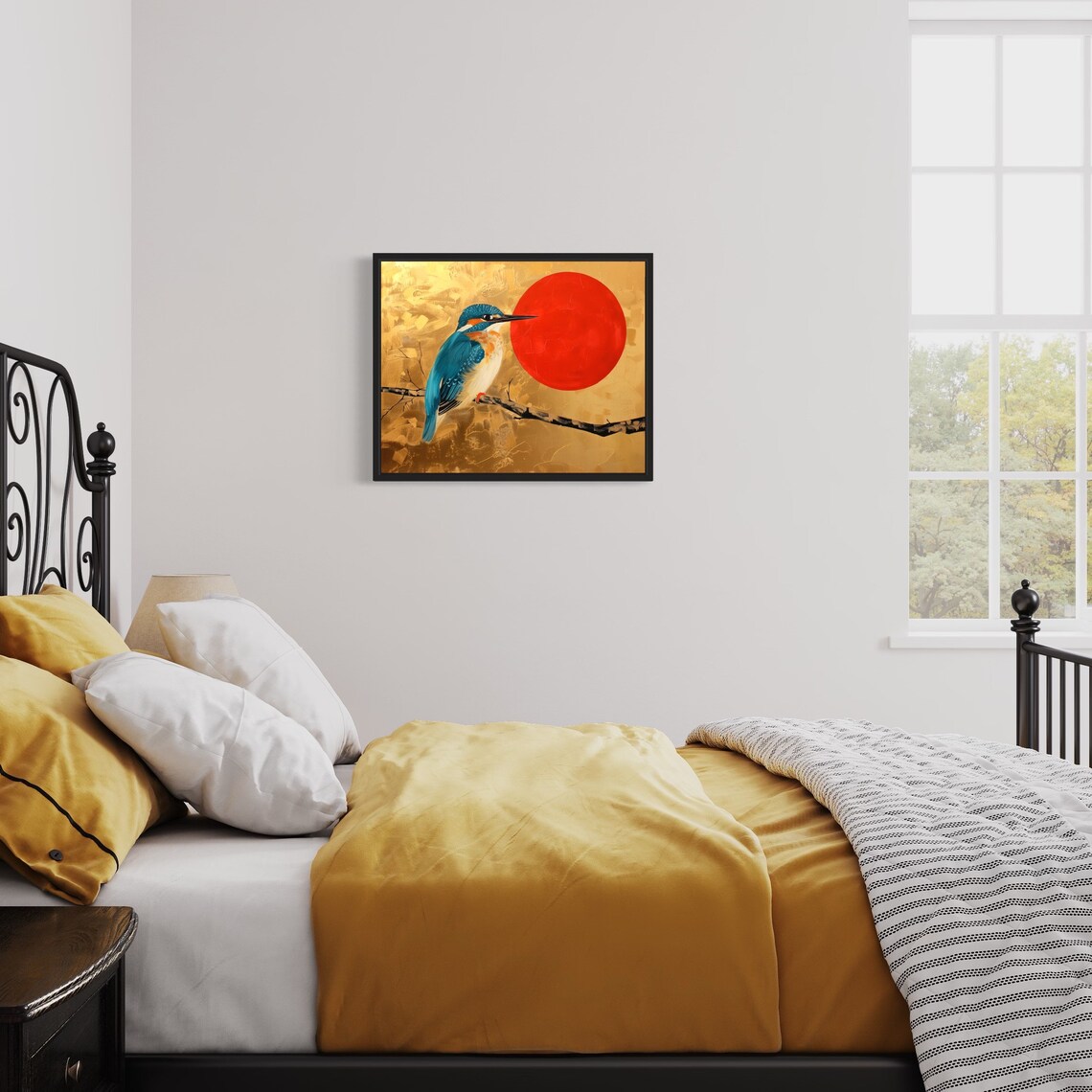 Kingfisher Perched by Red Sun Gold Leaf Branch Bird Art Poster - Image 3