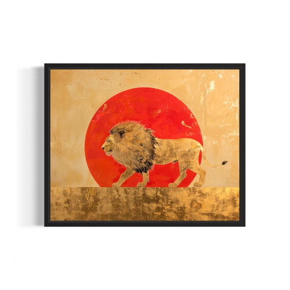 Lion Striding Before Giant Red Sun Gold Leaf Safari Art Poster