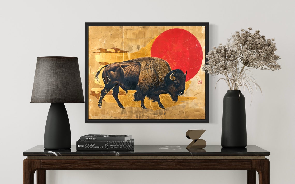 American Bison Standing Before Red Sun Asian Gold Art Poster - Image 2