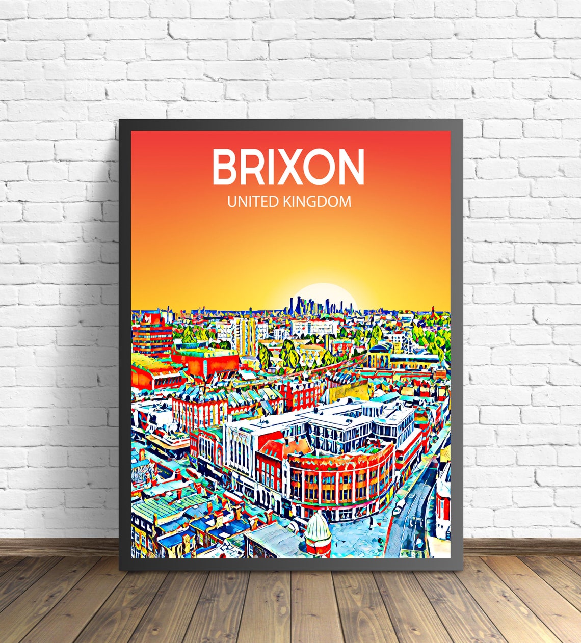 Brixon United Kingdom Sunset Skyline Sketch Art Travel Poster