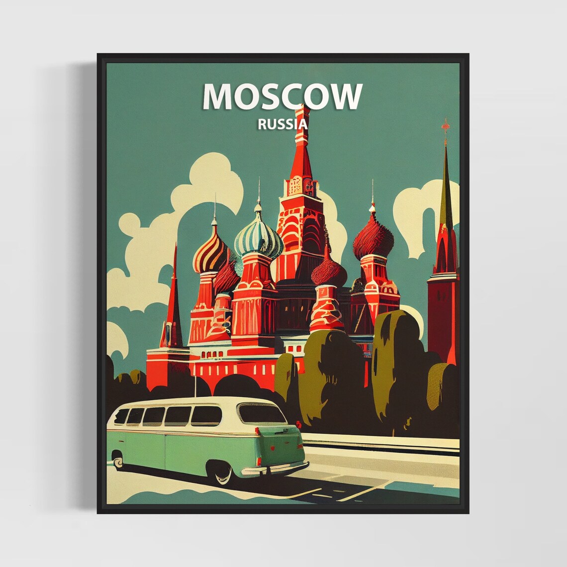 Moscow Russia Saint Basils Cathedral Vintage Bus Travel Poster