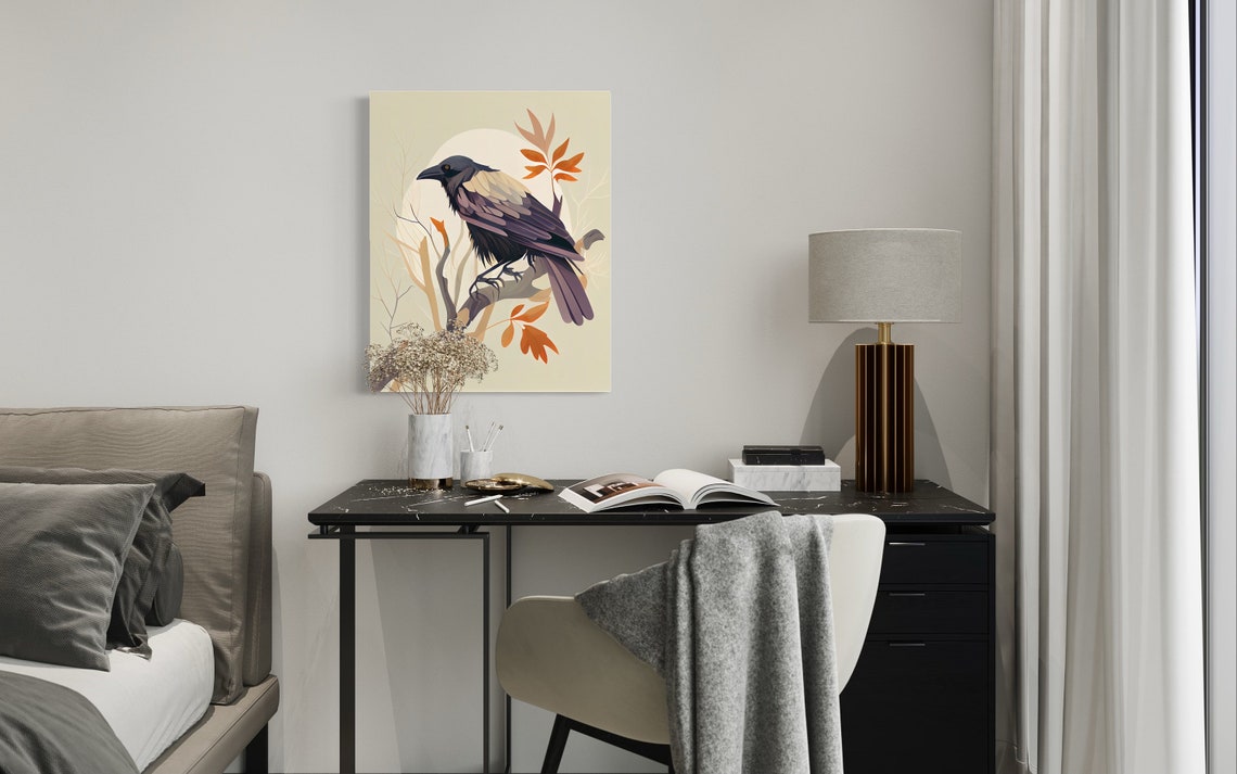 Raven Perched On Branch Moonlit Autumn Botanical Illustration Poster - Image 2