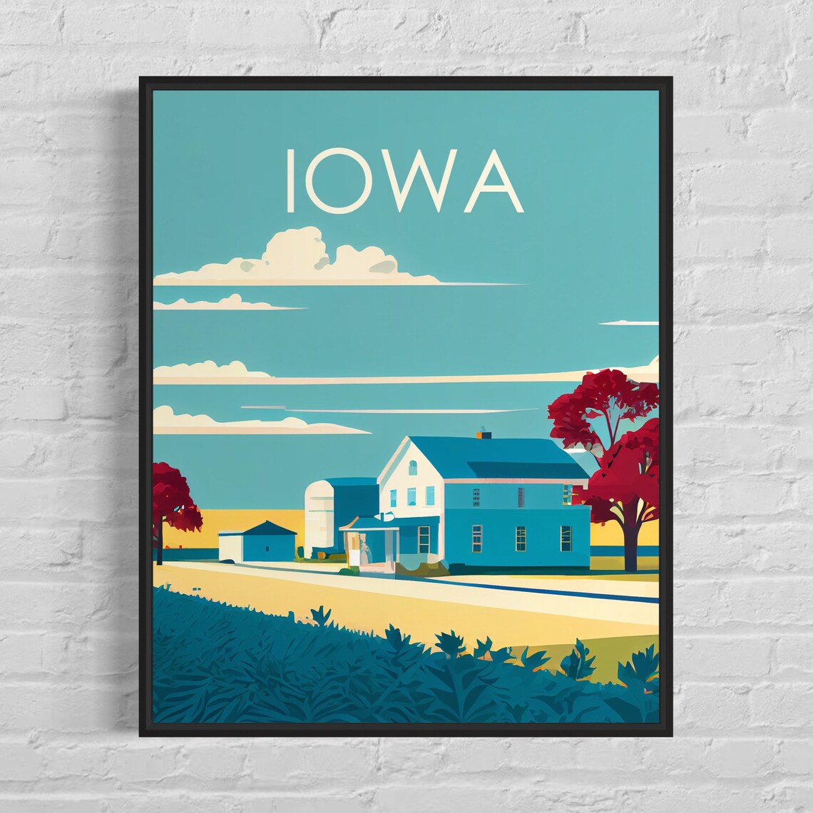 Iowa Farmhouse Harvest Fields Vintage Scenic Heartland Poster