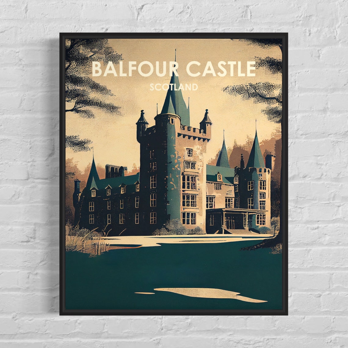 Balfour Castle Scotland Twilight Dusk Retro Travel Scene Poster