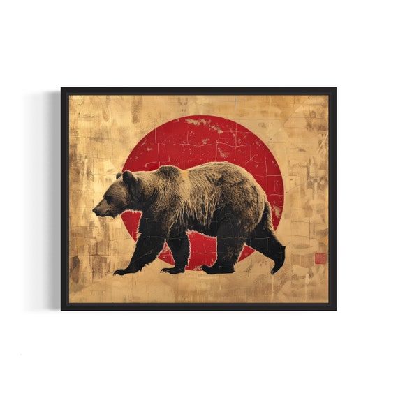 Walking Grizzly Bear Against Red Sun Asian Gold Style Poster