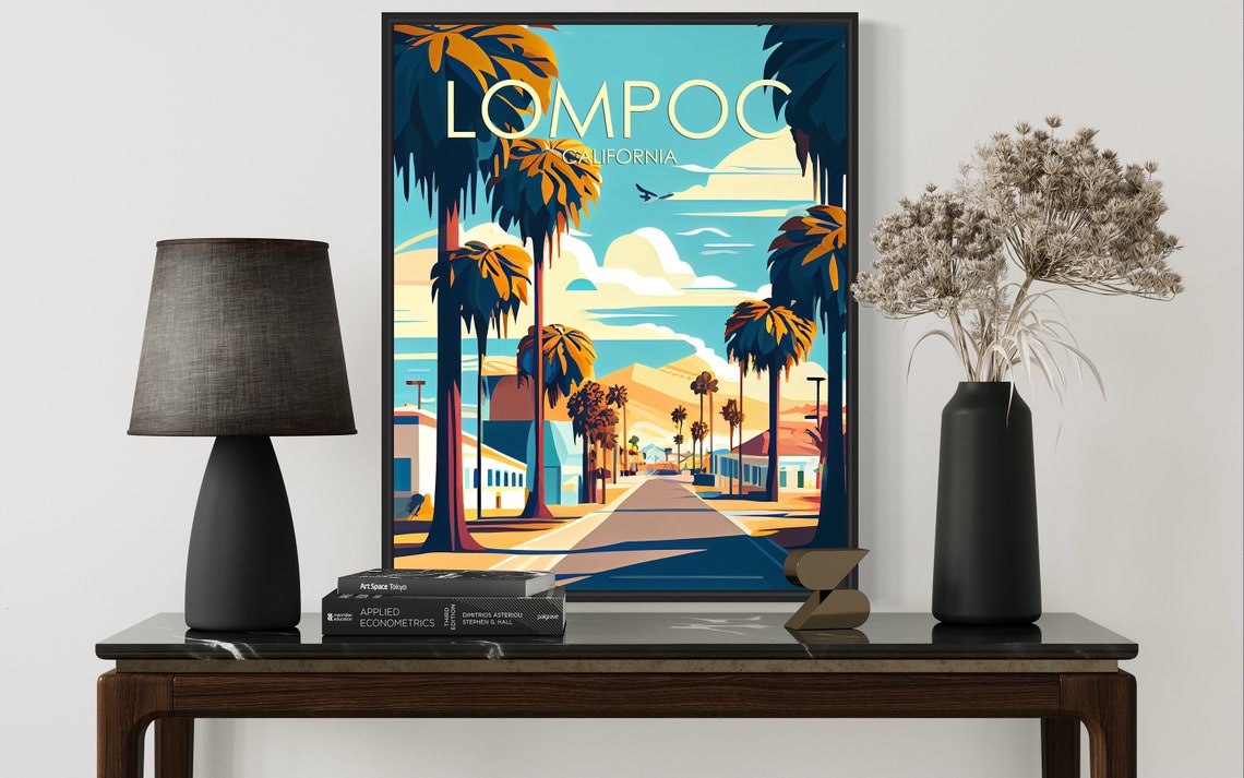 Lompoc California Palm Lined Street Golden Sunset Art Poster - Image 3
