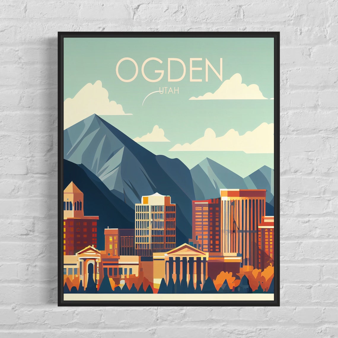 Ogden Utah City Skyline Mountain Backdrop Retro Travel Poster