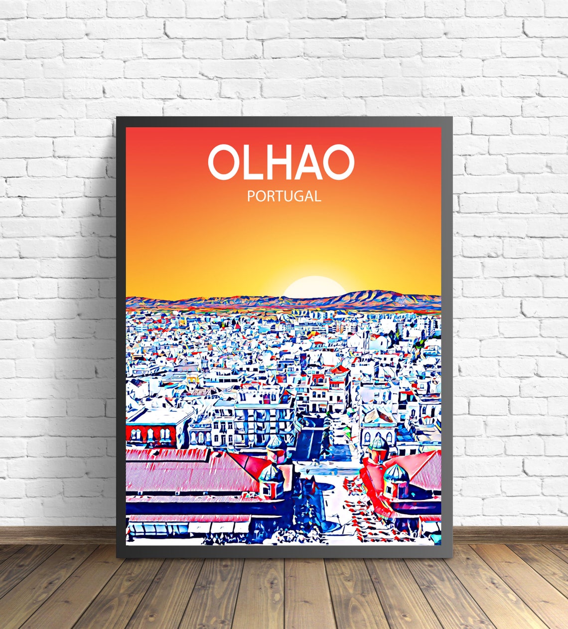 Olhao Portugal Sunset Over City Rooftops Colorful Skyline Poster