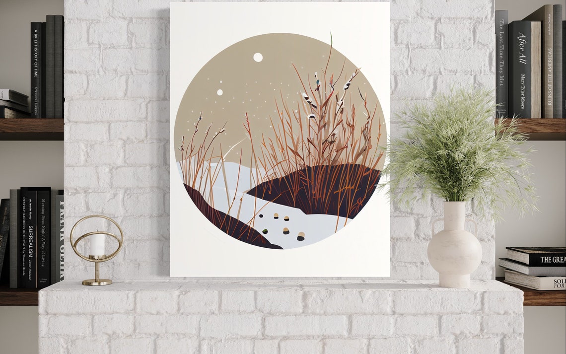 Snowy Winter Pond at Dusk With Reeds and a Rising Moon Art Poster - Image 3